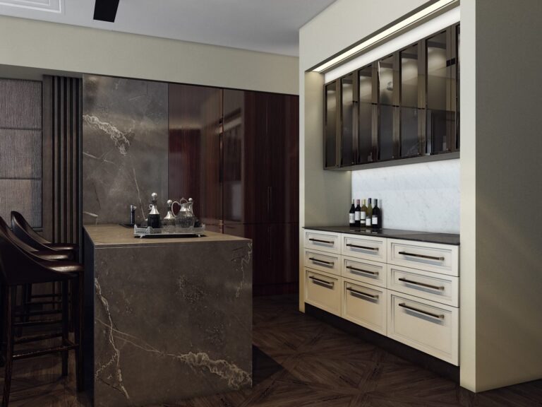 Коричневая кухня-гостиная с белым кухонным шкафом