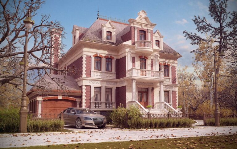 Парадный вход, два балкона на фасаде дома с мансардой