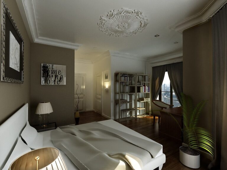 Лепнина в бело-коричневом дизайне спальни