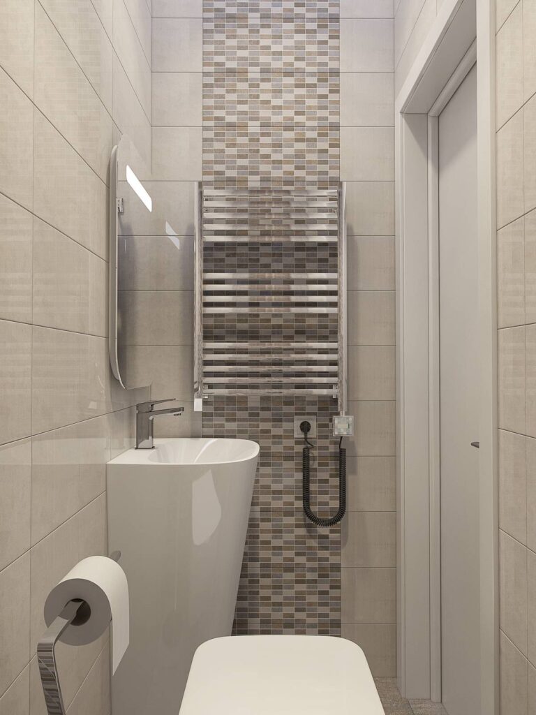 Санузел в отделке бежевым мрамором и хромированным металлом