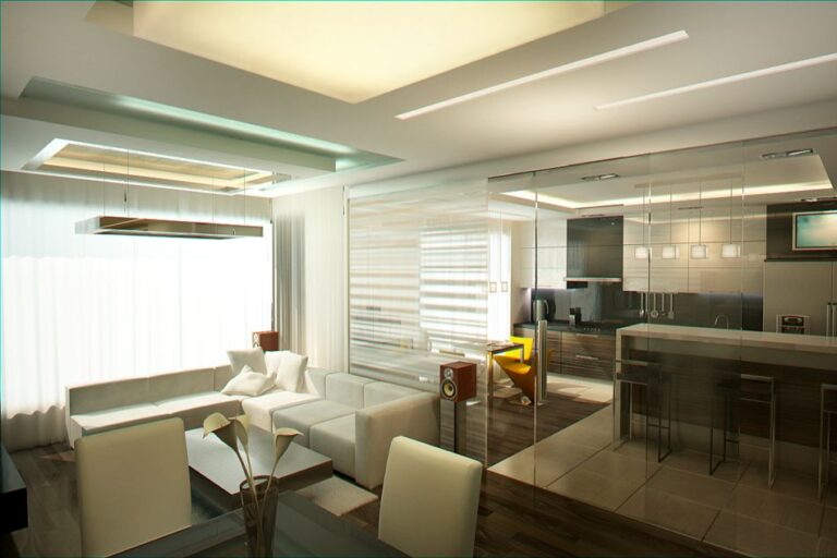 Стеклянная перегородка в оформлении дизайна кухни