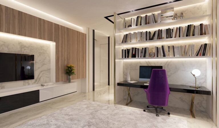 Универсальная спальня с черным письменным столом и сиреневым креслом