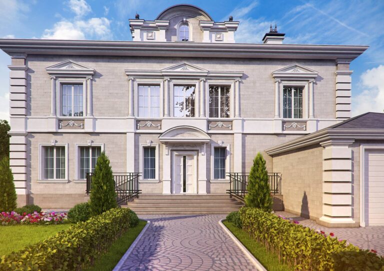 Светло-серый кирпичный дом с аттиком, решетчатыми окнами и полуколоннами