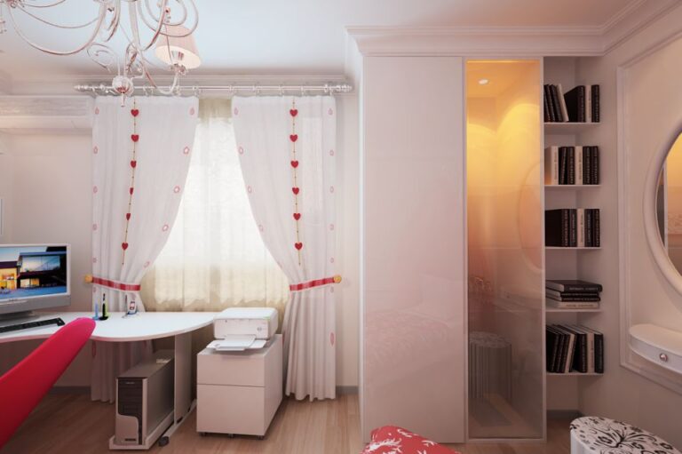 Светлый интерьер детской спальни с белым книжным шкафом