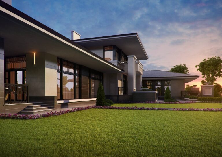 Растения и газон на участке перед домом в стиле прерий