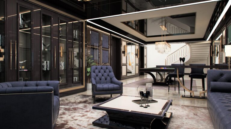 Стол с квадратной белой столешницей в дизайне темной гостиной