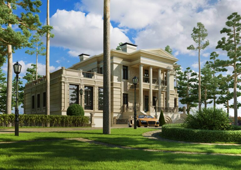 Кремовая отделка и кирпич в переднем фасаде дома в неоклассическом стиле