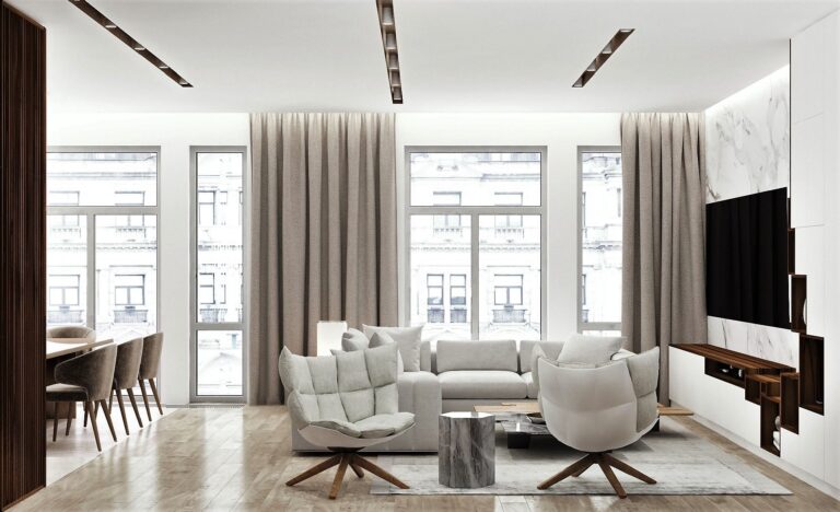 Коричневые акценты в дизайне бело-серой гостиной