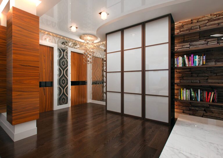 Белый шкаф и темный пол в дизайне прихожей