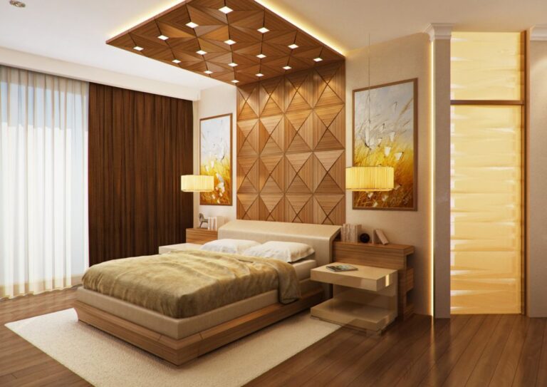 Двуспальная кровать в дизайне спальни с деревянным резным панно