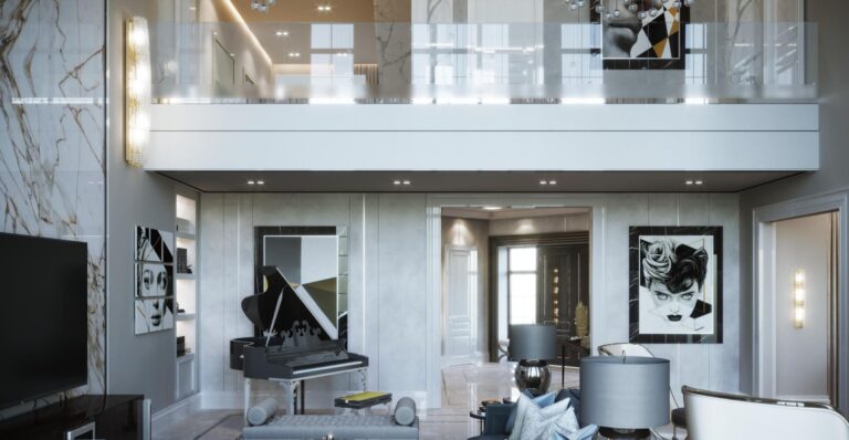 Небольшой черный рояль в дизайне белой гостиной