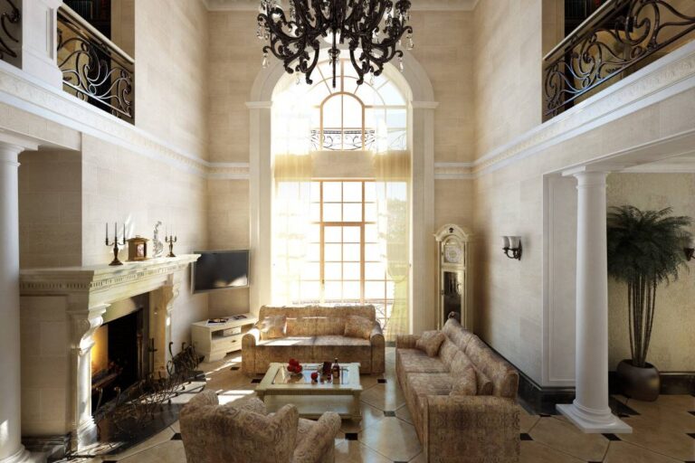 Элегантное оформление дизайна гостиной с арочным окном