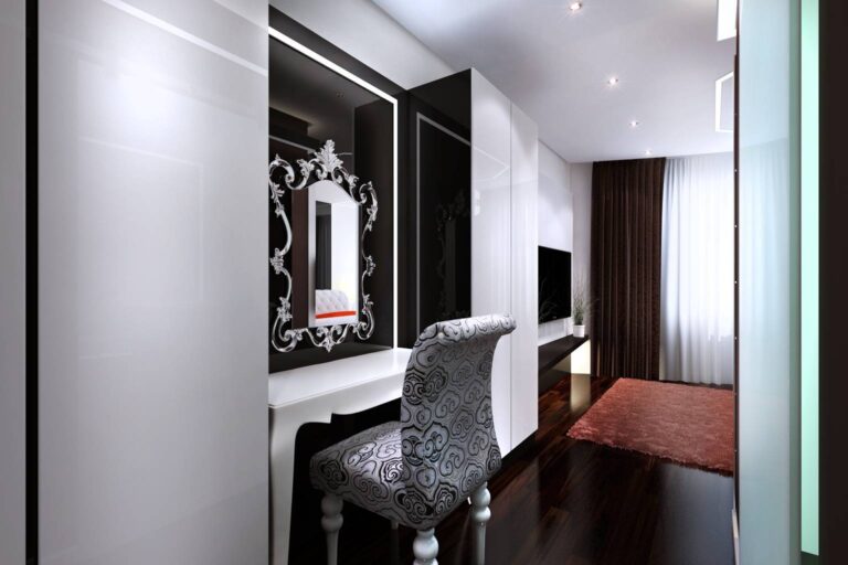 Красный акцент в дизайне спальни с туалетным столиком