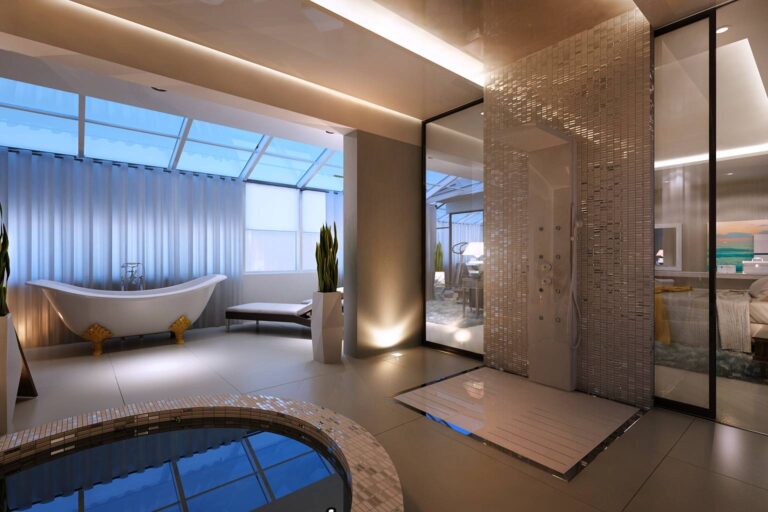 Круглый бассейн в дизайне большой ванной комнаты