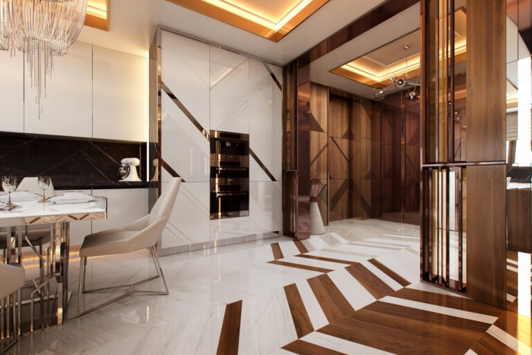 Кухня с дизайнерским полом из белого мрамора и древесины