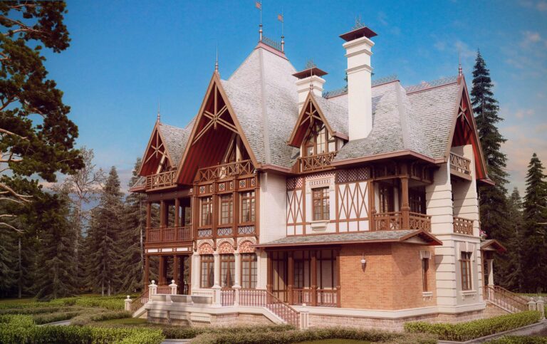 Красный, белый кирпич и натуральное дерево в экстерьере дома