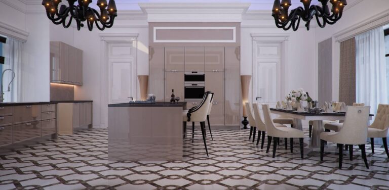 Напольное покрытие с узором-змейкой в интерьере кухни