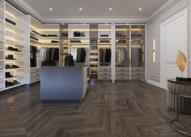 Дизайн гардеробной комнаты с открытыми шкафами