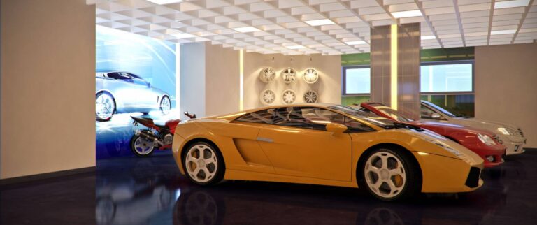 Стильный интерьер гаража с масштабными авто-постерами