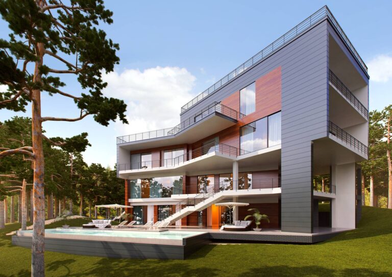 Фасад в отделке белым, серым и теплым ореховом цвете