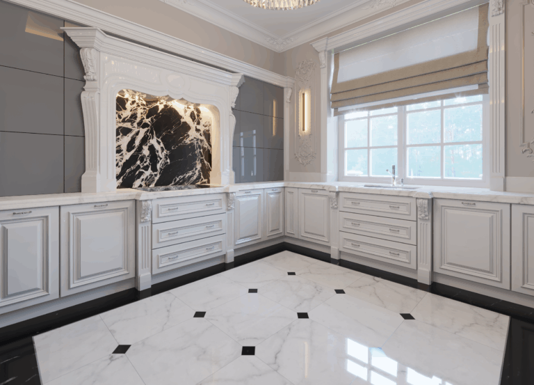 Вытяжка на кухне в виде арочной лепнины