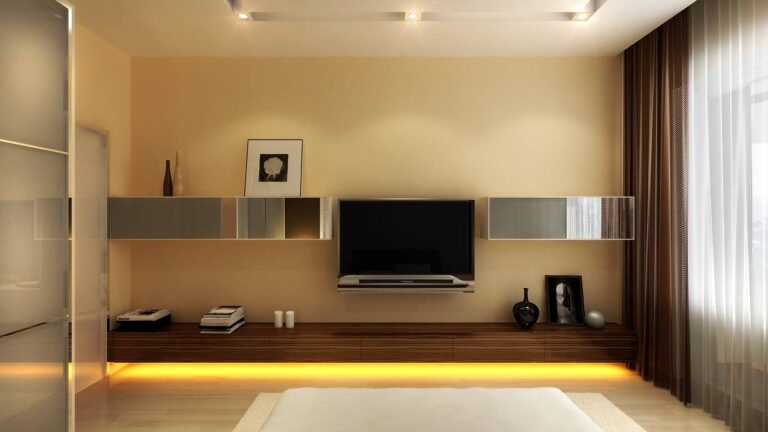 Интерьер спальни с подсветкой в зоне ТВ