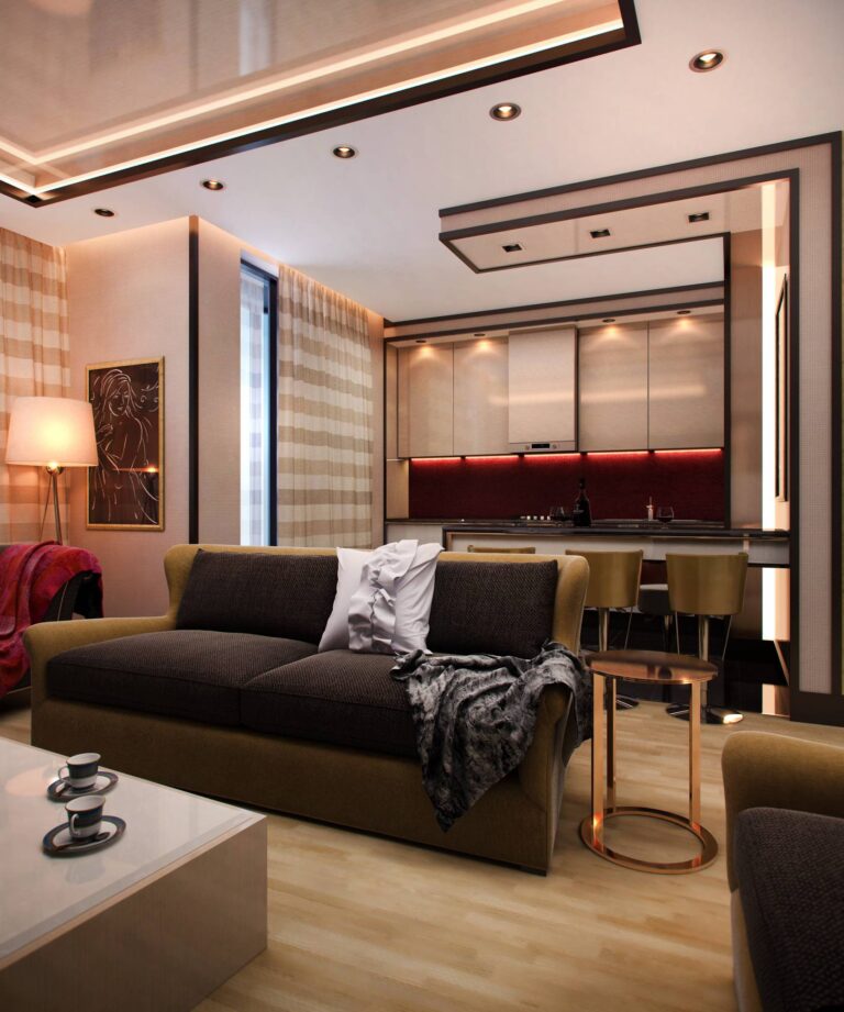 Песочные тона в совмещенных гостиной и кухне