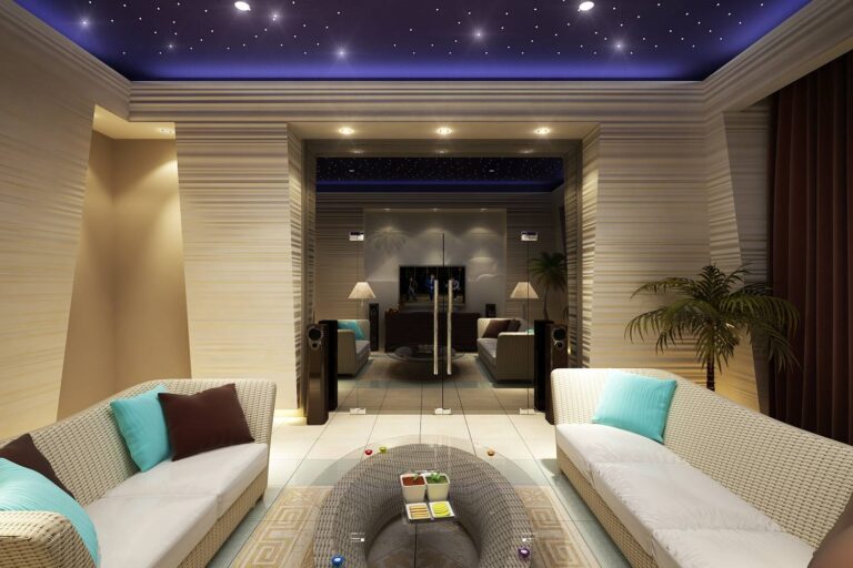 Необычный интерьер гостиной с точечным освещением стен и потолка