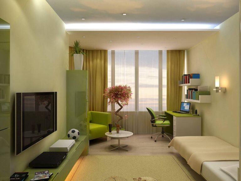 Оттенки зелени в дизайне бежевой спальни