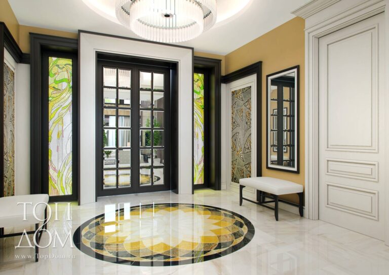 Интерьер прихожей в доме с витражами и мраморным полом