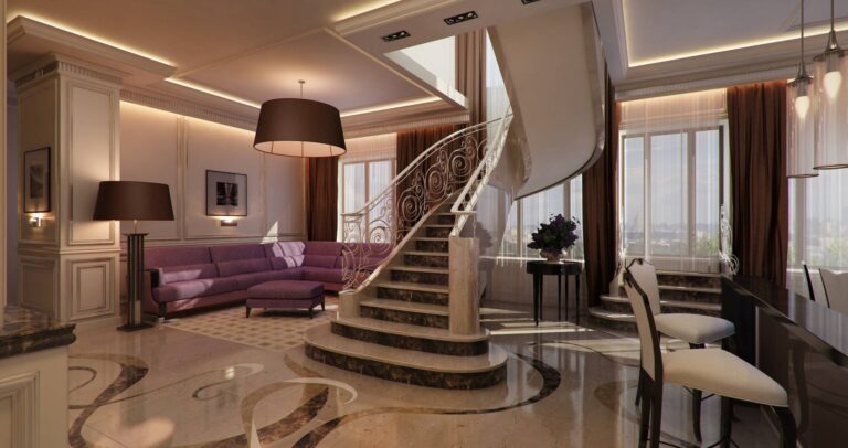 Темный мрамор ступенек лестницы в оформлении первого этажа