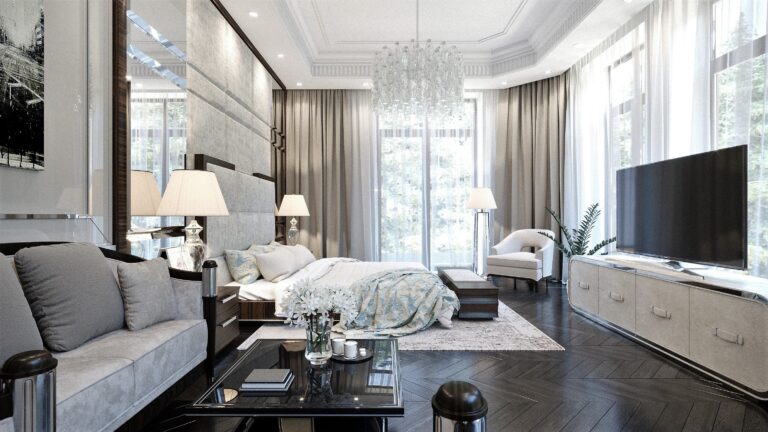 Контрастные акценты и белые стены в дизайн-проекте светло-серой спальни