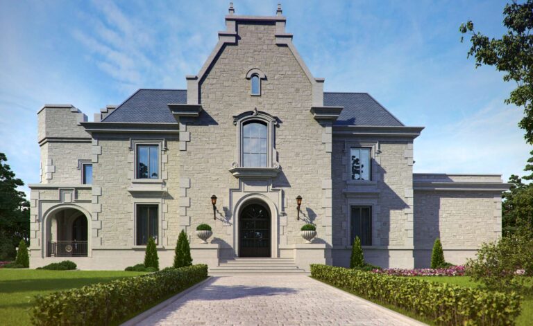 Фронтон со слуховым окном  и арочные двери на внутреннем фасаде дома