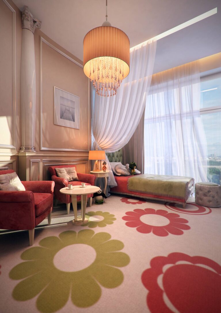 Светлый дизайн детской с оранжевыми люстрой и лампой