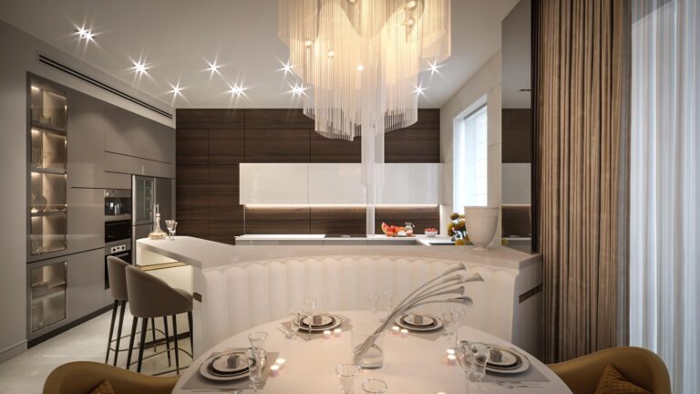 Встроенные серые шкафы в дизайне светлой кухни