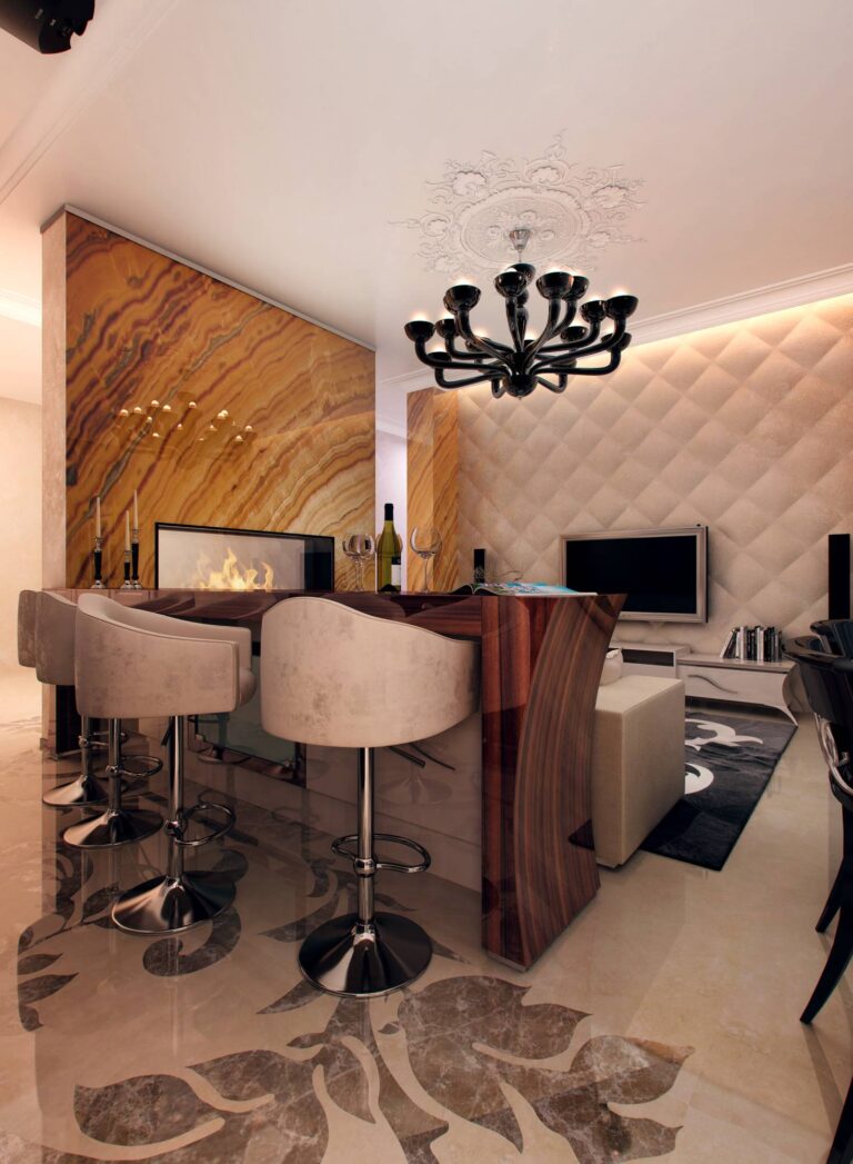 Модный дизайн гостиной с кожаной панелью под телеэкран