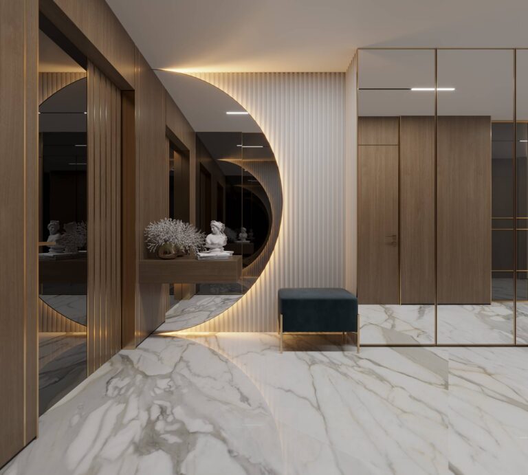 Большое полукруглое зеркало в дизайне прихожей