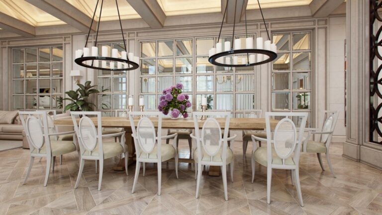 Столовая с 2 круглыми подвесными люстрами