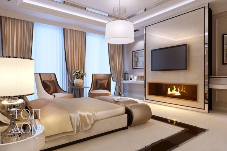 Интерьер красивой и большой спальни в загородном доме – фото