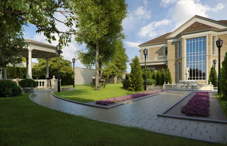 Ландшафтное оформление придомовой территории с беседкой и фонтаном