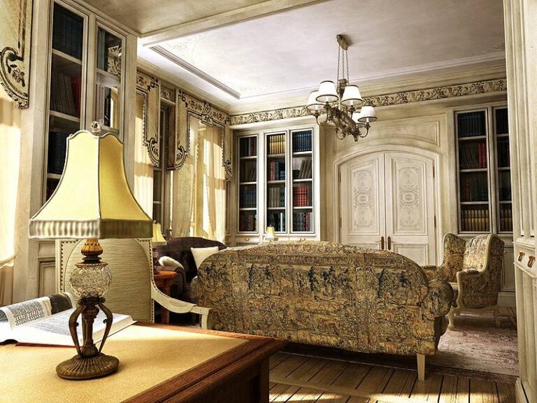 Изысканный интерьер гостиной с коваными люстрами и лампами