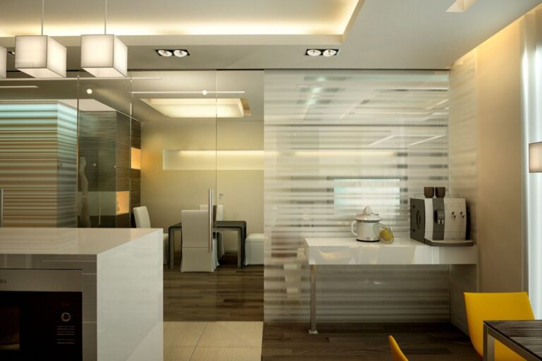 Современный дизайн кухни с фигурным потолком и подсветкой