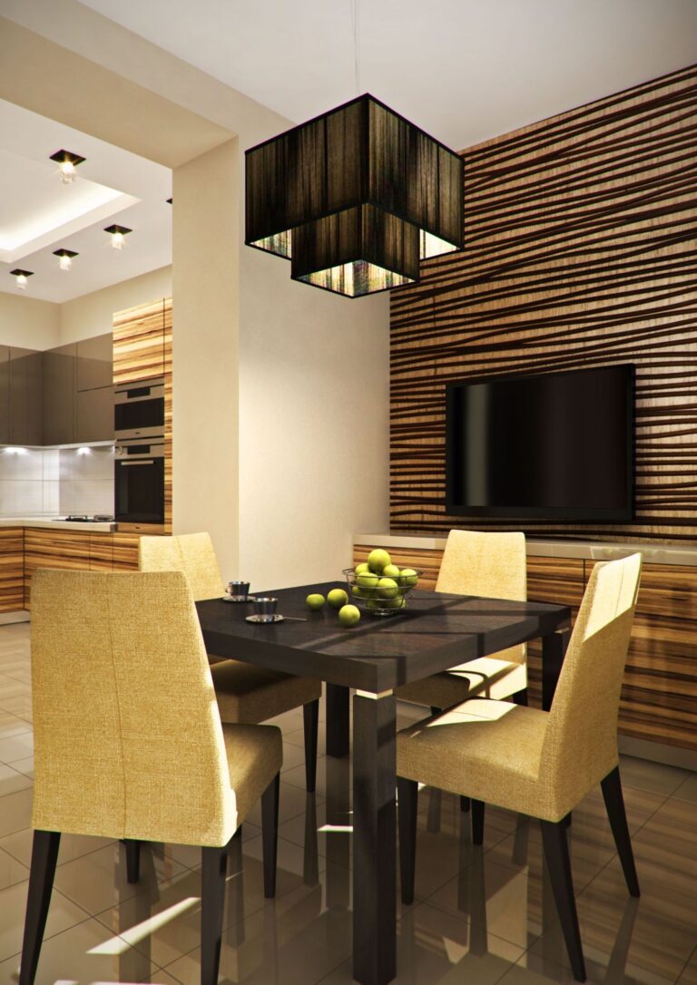 Мебельные фасады и панель под телевизор с волнистым узором в дизайне кухни