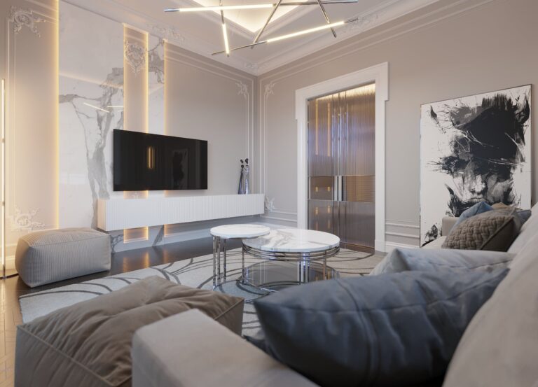 Дизайн гостиной с подсветкой стен