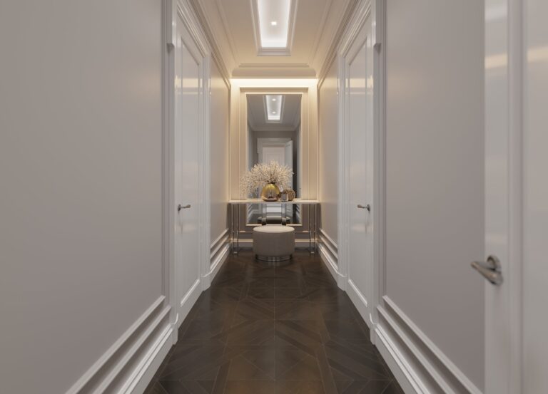 Зеркало в пол в дизайне холла второго этажа