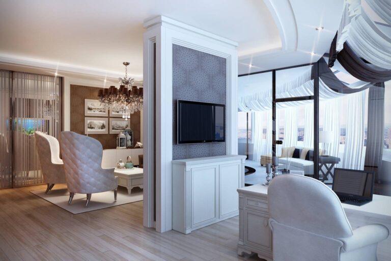 Дизайн кабинета с мебелью светлых тонов