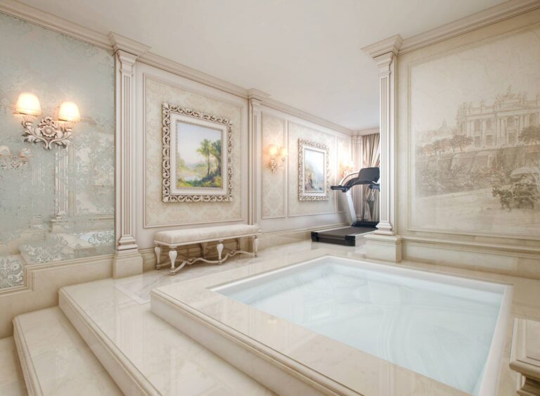 Большой интерьер с ванной квадратной формы