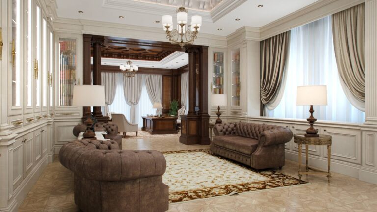 Библиотека со встроенными книжными  шкафами с застекленными дверками