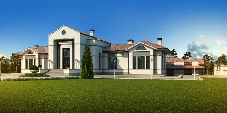 Фронтон с круглым слуховым окном и французские окна на внутреннем фасаде особняка