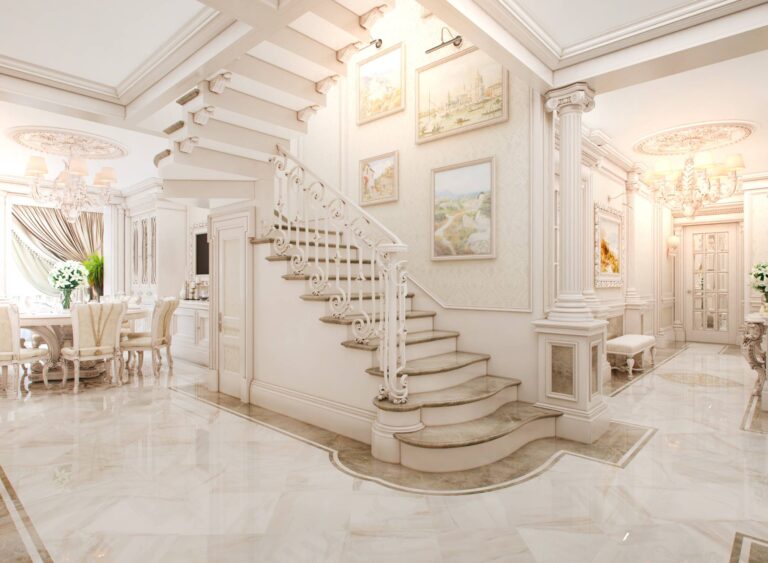 Интерьер квартиры с дорогой лестницей